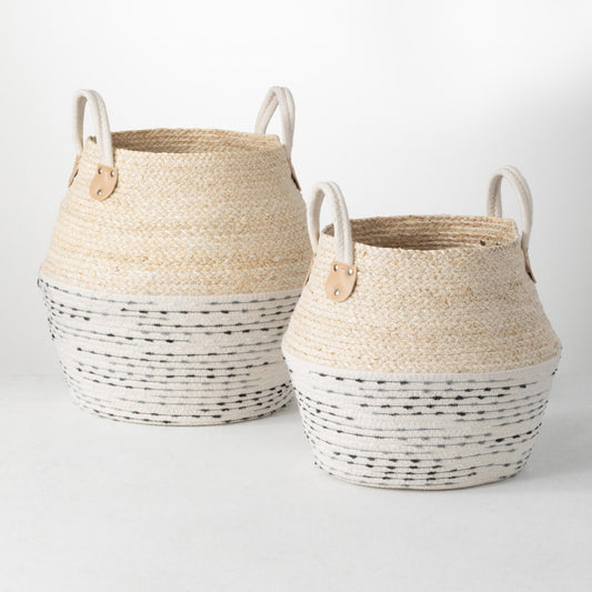 White and Gray Jug Woven Basket Set of 2 With Handle