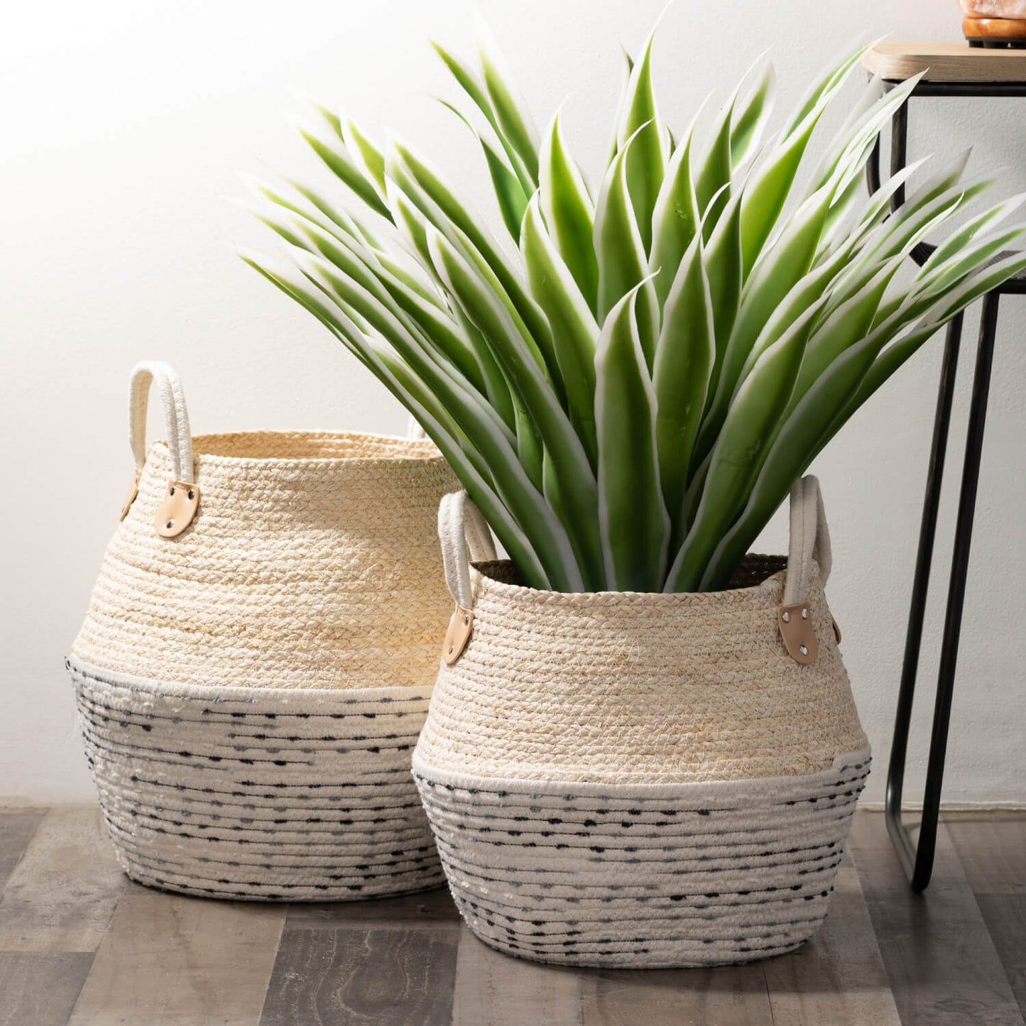 White and Gray Jug Woven Basket Set of 2 With Handle