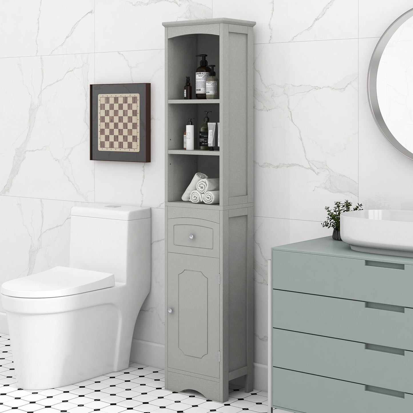 Freestanding Tall Bathroom Storage Cabinet with Shelf and Drawer-navacava.com