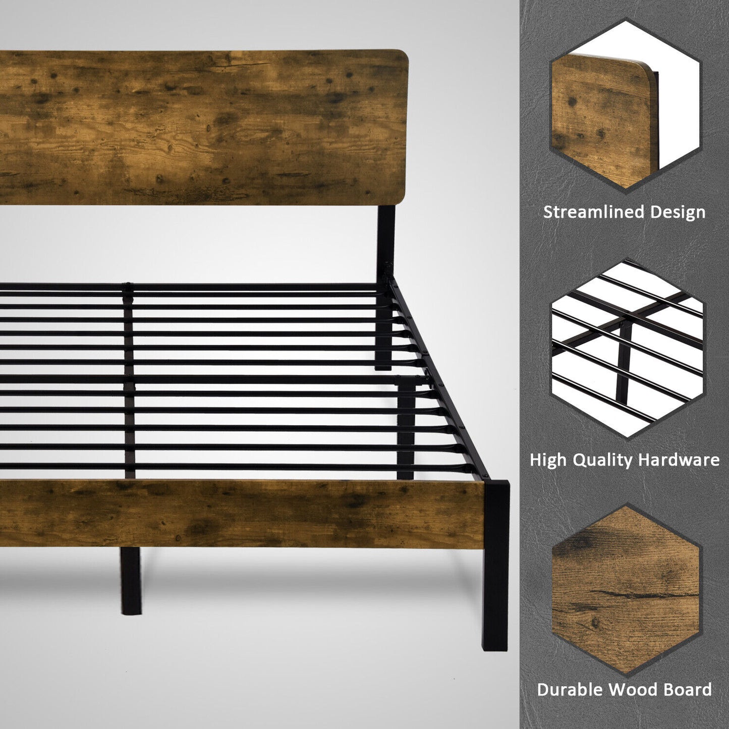 Queen Size Bed Frame with Wooden Headboard