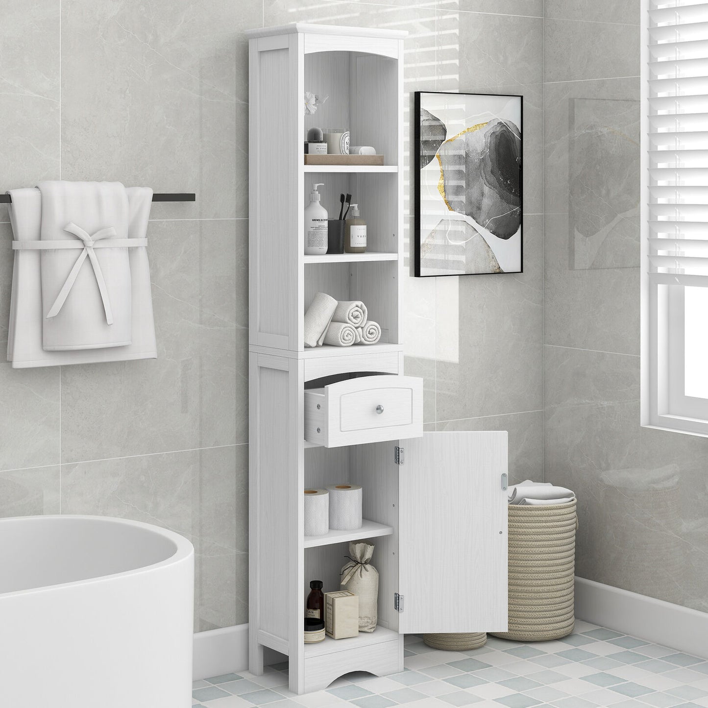 Freestanding Tall Bathroom Storage Cabinet with Shelf and Drawer-navacava.com