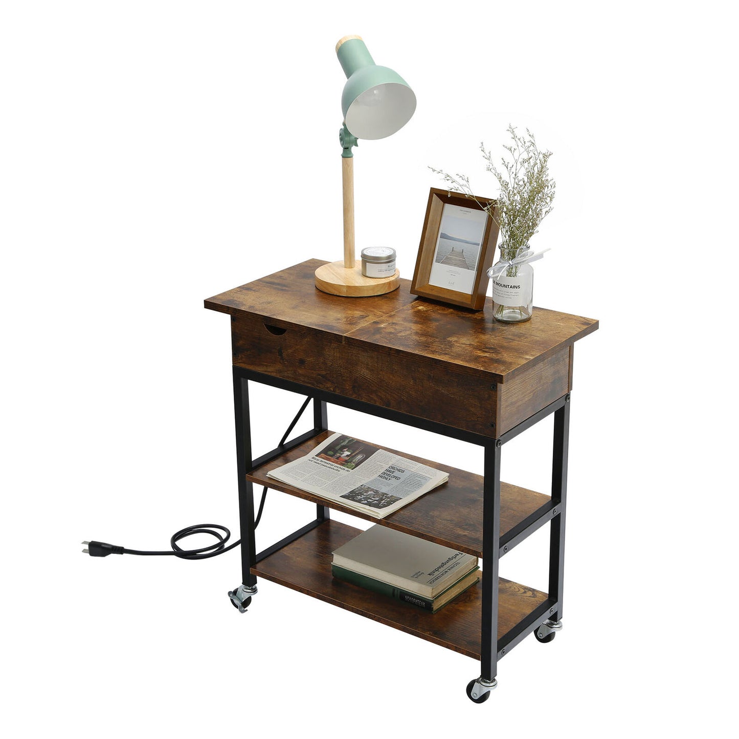 Wood Side Table With Storage Wheel And Charging Station-navacava.com