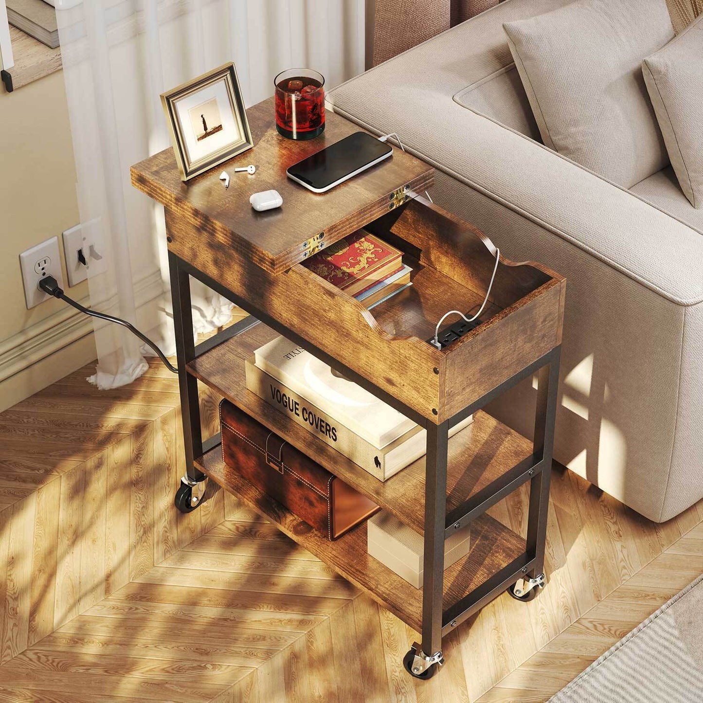 Wood Side Table With Storage Wheel And Charging Station-navacava.com