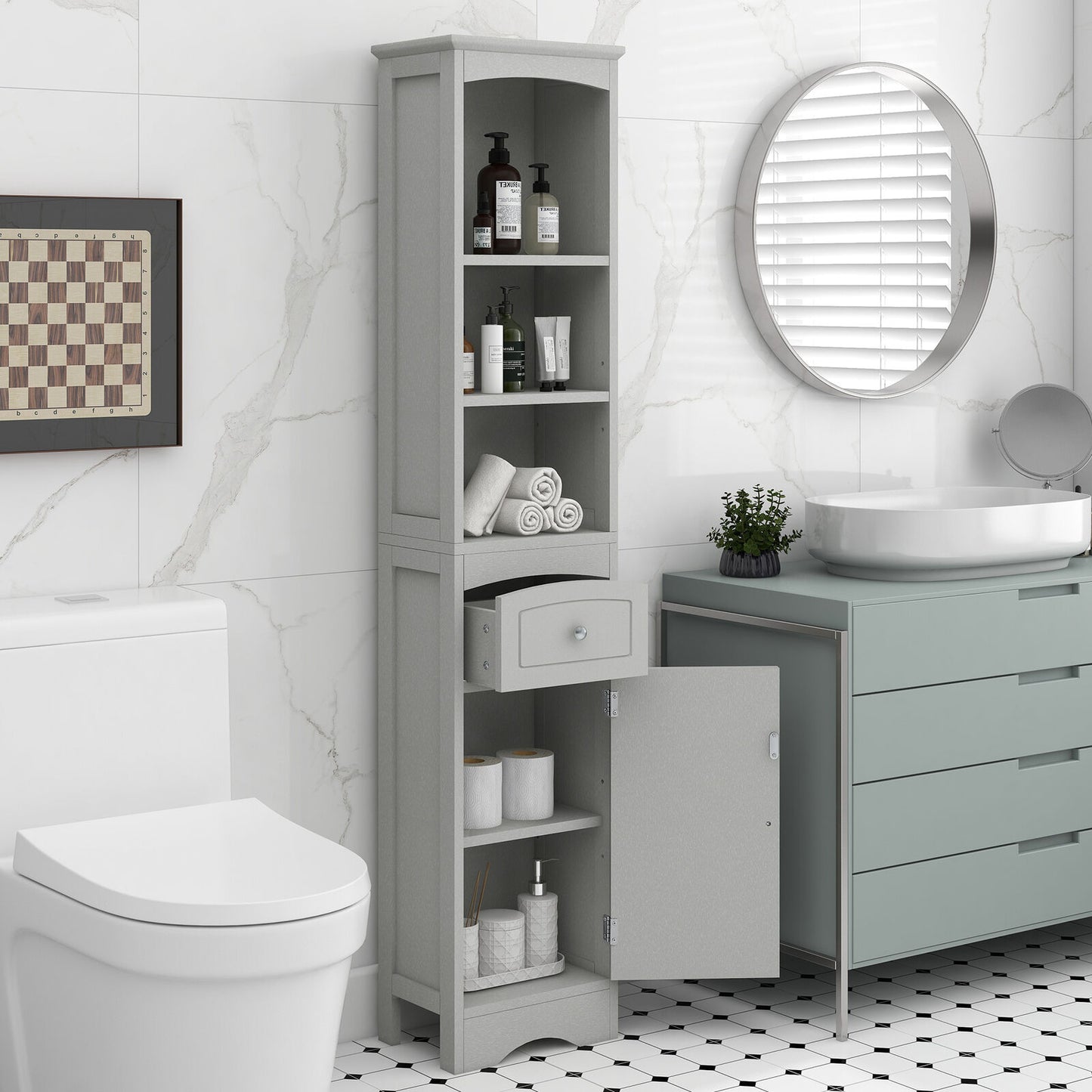 Freestanding Tall Bathroom Storage Cabinet with Shelf and Drawer-navacava.com