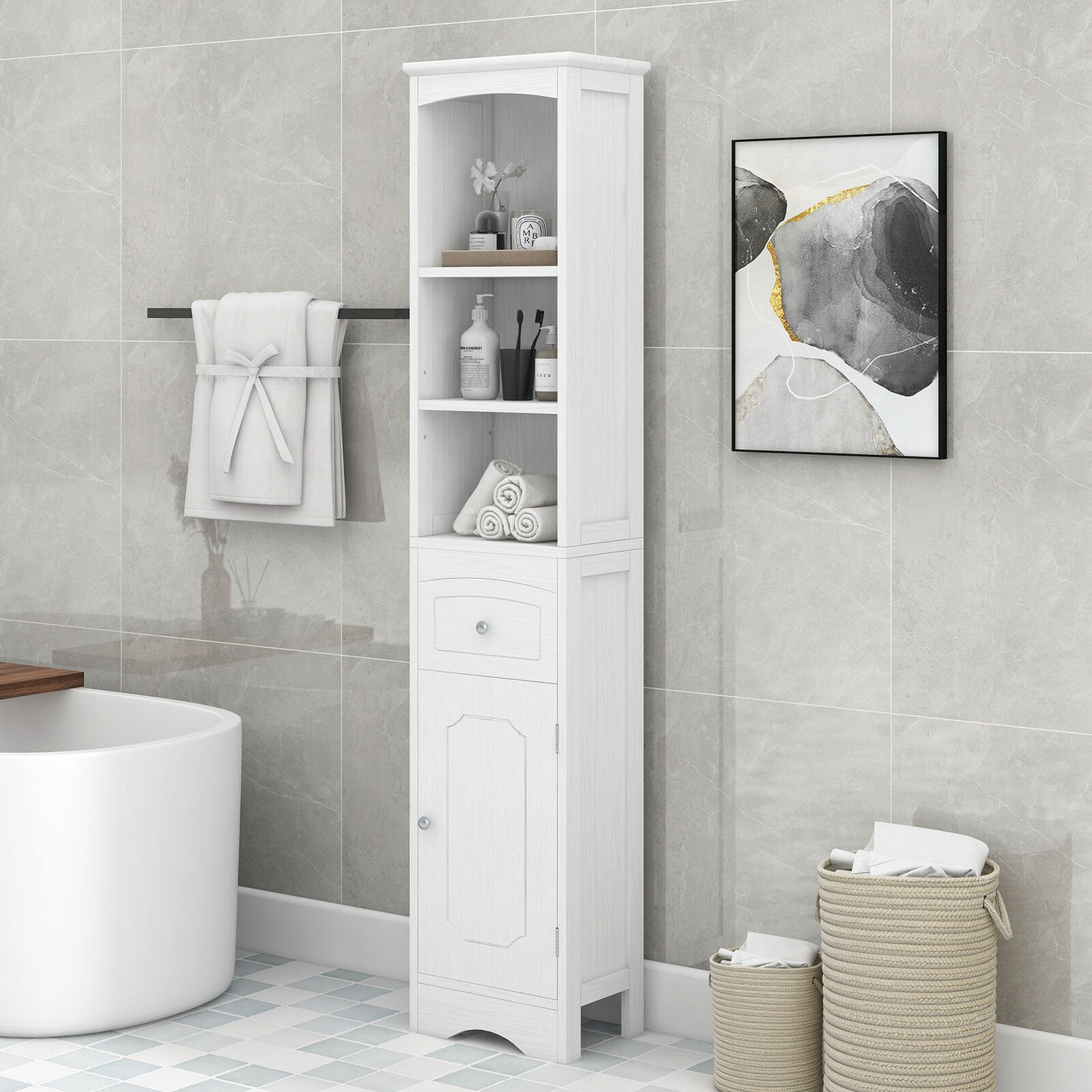 Freestanding Tall Bathroom Storage Cabinet with Shelf and Drawer-navacava.com