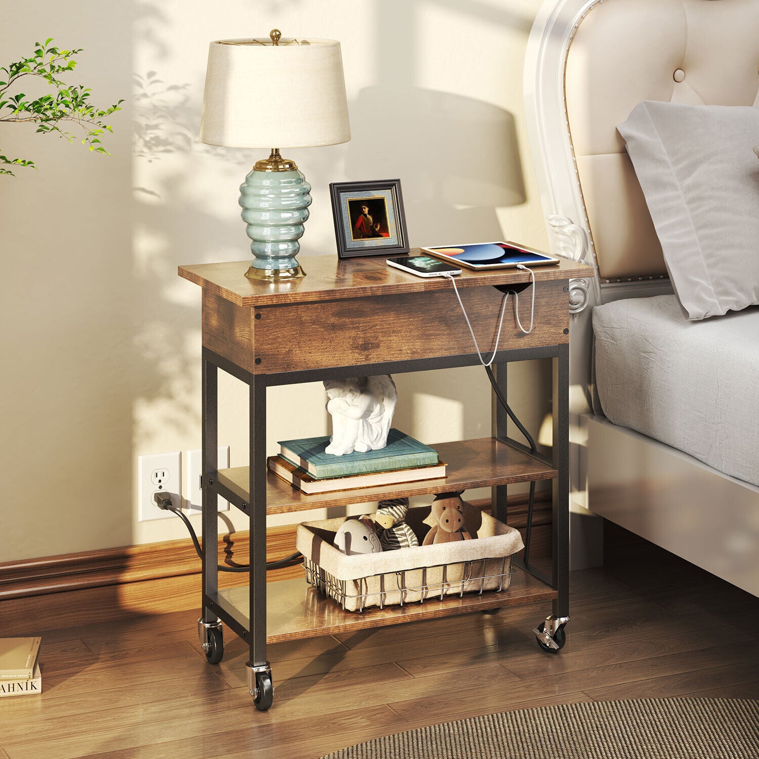 Wood Side Table With Storage Wheel And Charging Station-navacava.com