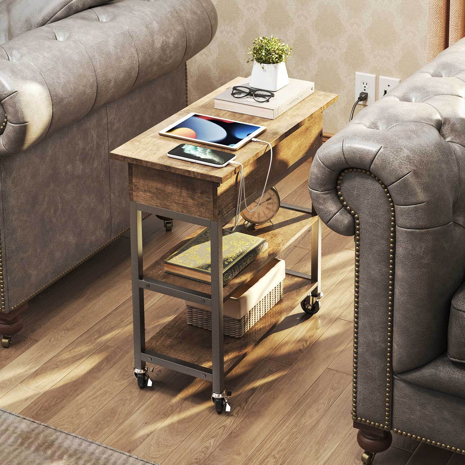 Wood Side Table With Storage Wheel And Charging Station-navacava.com